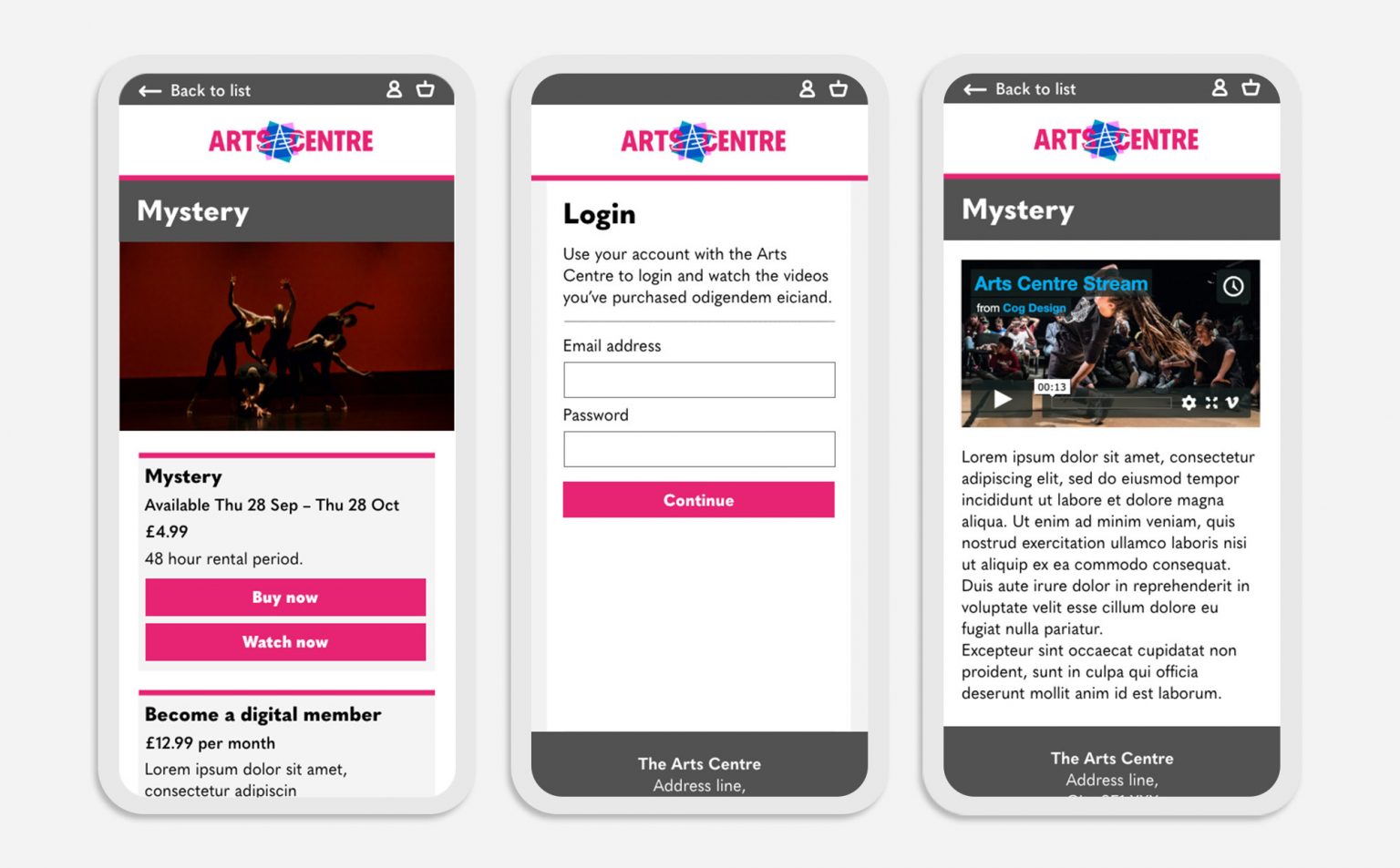 Perfect for mobile: customers can log in (to Spektrix) to buy or unlock pre-paid content